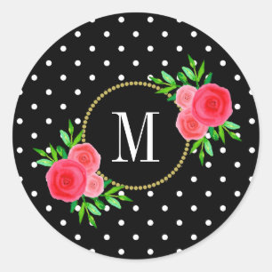Sticker Rond Mignons noirs Aquarelle rouge Monogramme floral