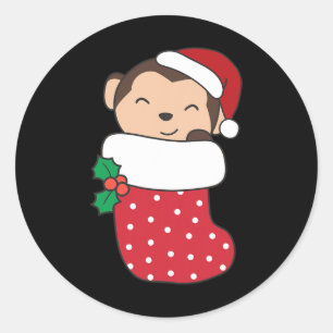 Sticker Rond Mignons Singes Dans Les Bas De Noël Pour Noël