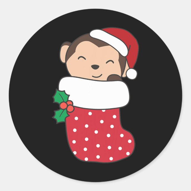 Sticker Rond Mignons Singes Dans Les Bas De Noël Pour Noël (Devant)