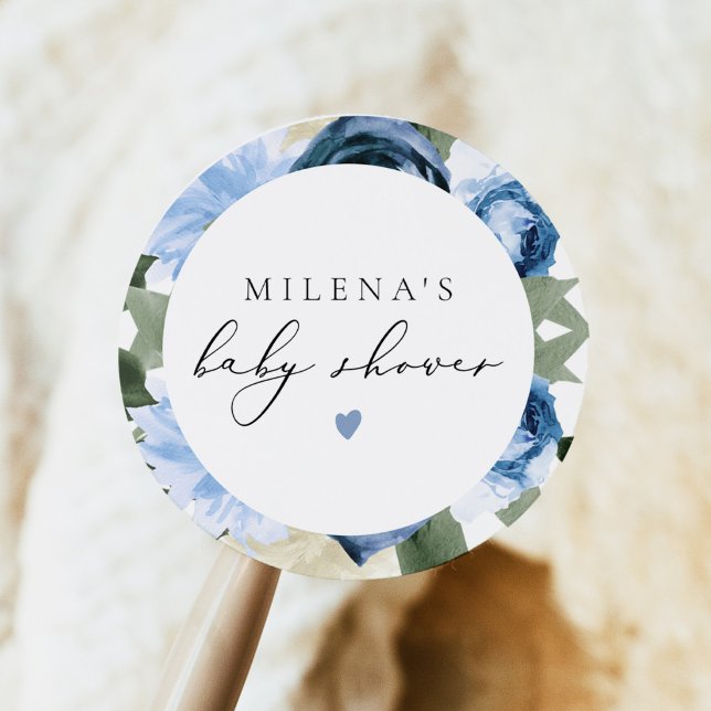 Sticker Rond MILENA Dusty Blue Floral Boy Baby shower (Créateur téléchargé)