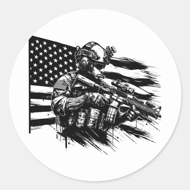 Sticker Rond Militaire Soldat Américain Drapeau Art Patriotique (Devant)
