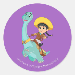 Sticker Rond Min & Clover   Joyeux Cowgirl & Brontosaurus Ride