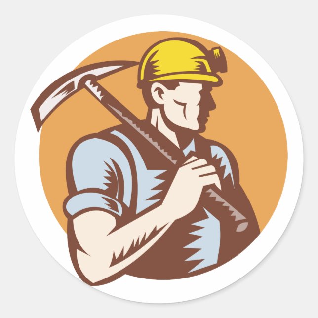 Sticker Rond Mineur de charbon au travail avec la hache de cuei (Devant)