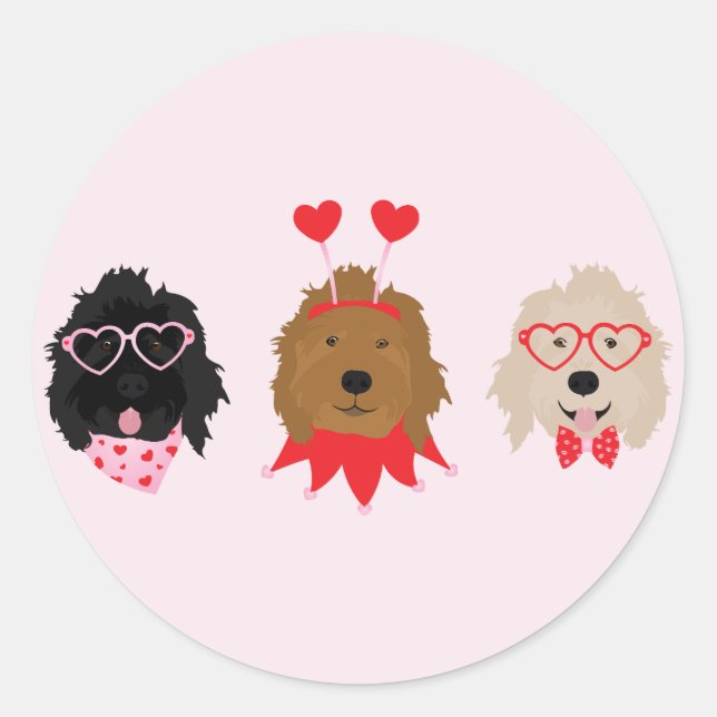 Sticker Rond Mini Goldendoodle Chiens Valentines Day (Devant)
