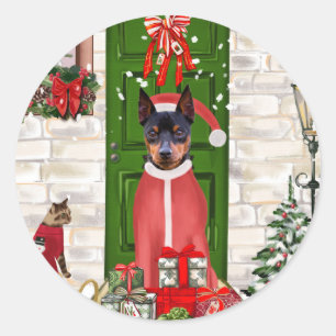 Sticker Rond Miniature Pinscher Chien Noël