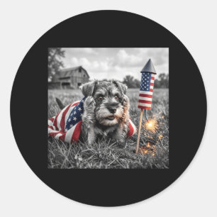 Sticker Rond Miniature Schnauzer Drapeau Américain Usa 250 Ans