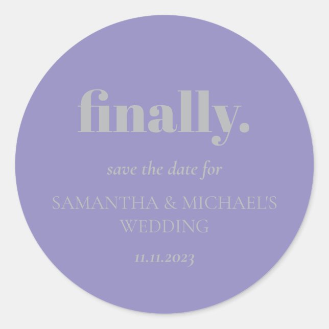 Sticker Rond Minimal Design Lavender Silver  Finally Save Date (Devant)