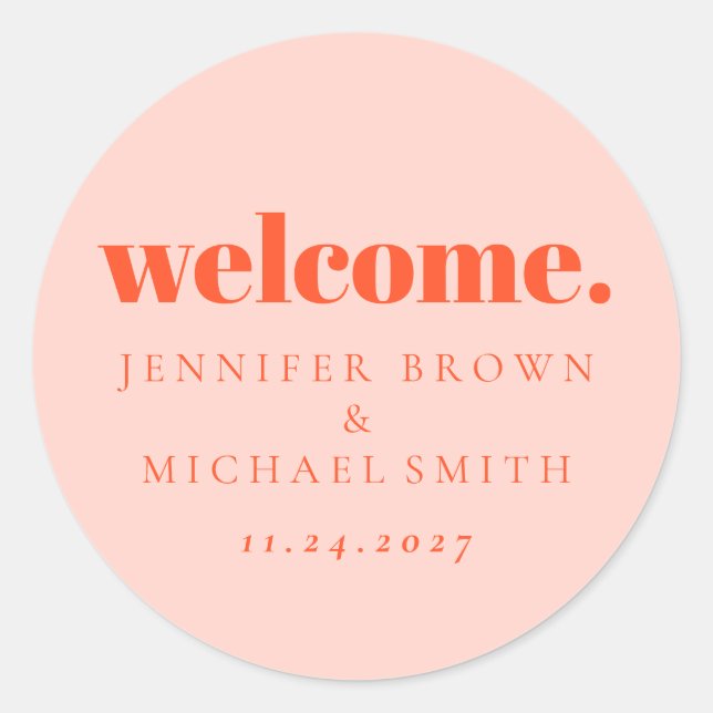 Sticker Rond Minimal Design Orange Pink  Welcome (Devant)