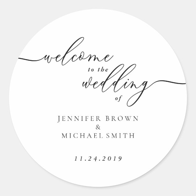 Sticker Rond Minimal Signature Custom Name Date Welcome Wedding (Devant)