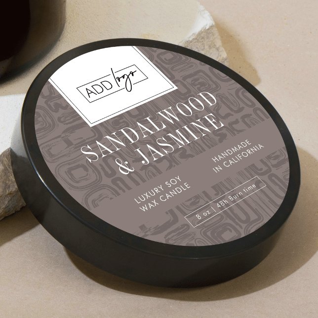 Sticker Rond Minimal Taupe Boho Pattern Logo Wax Candle Jar Lid (Modern neutral design round product labels with your custom logo and abstract boho background)