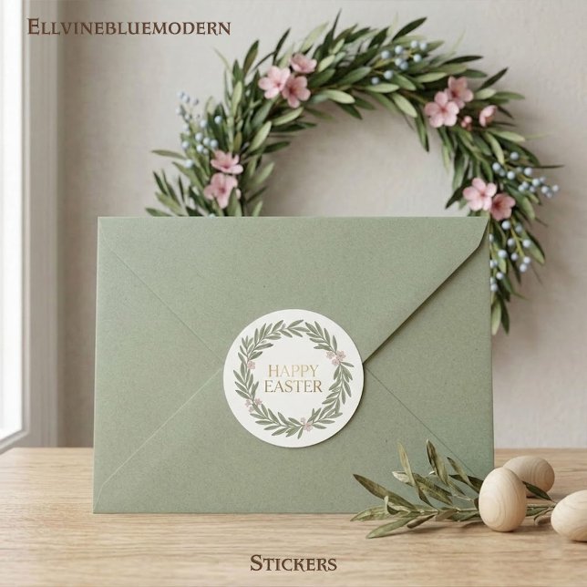 Sticker Rond Minimalist Botanical Wreath Happy Easter (Chic floral foliage design: the perfect sophisticated seal for invitations or spring gift baskets.)