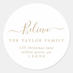 Sticker Rond Minimalist Gold Believe Holiday Adresse de retour