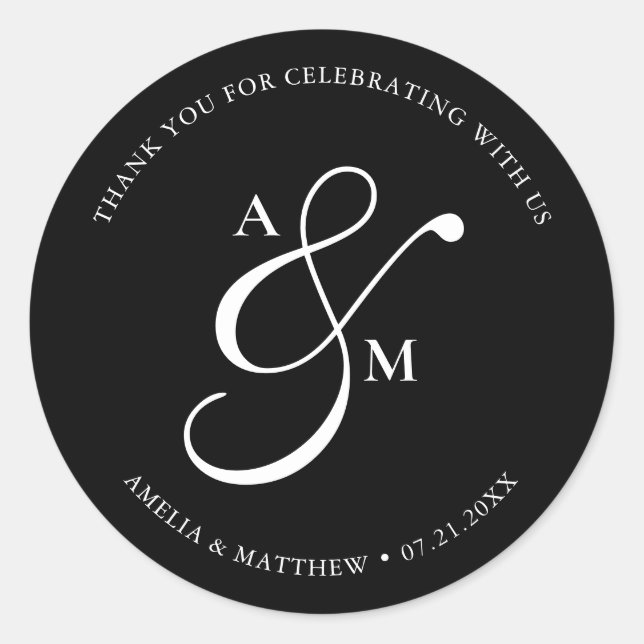 Sticker Rond Minimalist Script Monogram Wedding Black (Devant)
