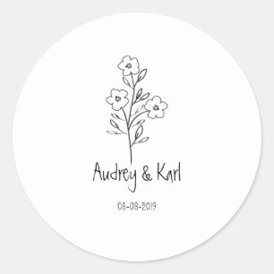 Sticker Rond Minimalist Wildflowers Wedding Monogram Design