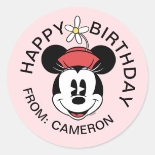 Sticker Rond Minnie classique   Face de fleurs   Joyeux anniver