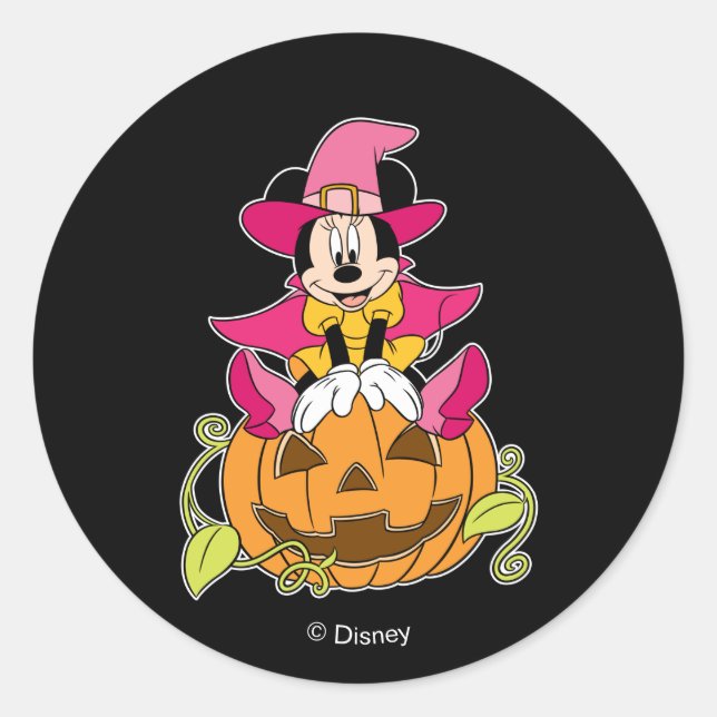 Sticker Rond Minnie Souris assise sur Jack-O-Lantern (Devant)