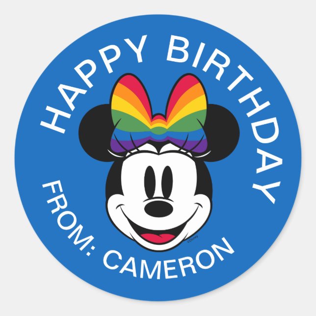Sticker Rond Minnie Souris Portant Rainbow Bow | Joyeux anniver (Devant)