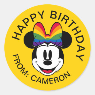 Sticker Rond Minnie Souris Portant Rainbow Bow   Joyeux anniver