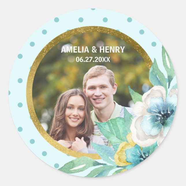 Sticker Rond Mint Faux Gold, Aquarelle Florale Mariage Photo (Devant)