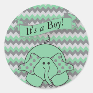 Sticker Rond Mint Green et Grey Chevron Baby Elephant