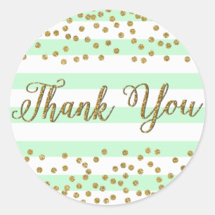 Sticker Rond Mint Green Gold Confetti Stripes Party Merci