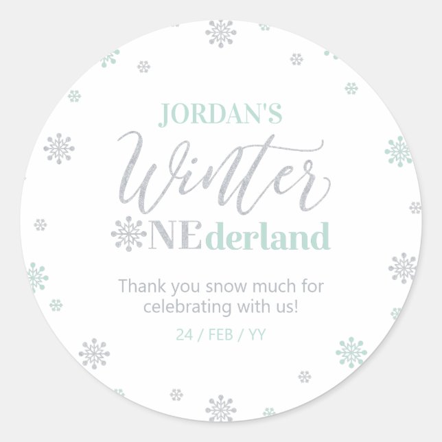 Sticker Rond Mint Silver Winter onderland Merci neige beaucoup (Devant)