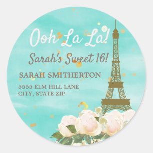 Sticker Rond Mint Teal Gold Paris Tour Eiffel Sweet 16 Adresse