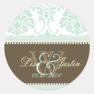 Sticker Rond Mint vert Damask monogramme mariage/do-it-yourself