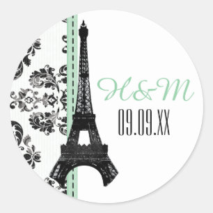 Sticker Rond MINT VERT Monogramme Damask Tour Eiffel Mariage