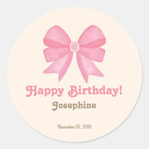 Sticker Rond Minuscule Bow rose mou Joyeux anniversaire
