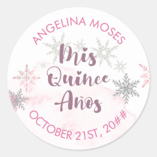 Sticker Rond Mis Quince Anos Pink et Silver Snowflake