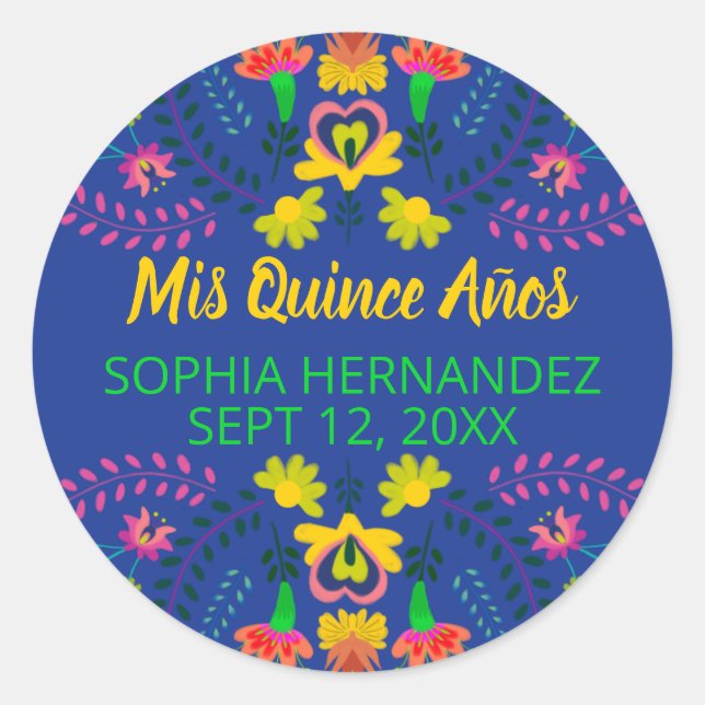 Sticker Rond Mis Quince Anos Royal Blue Mexican Fiesta Party (Devant)