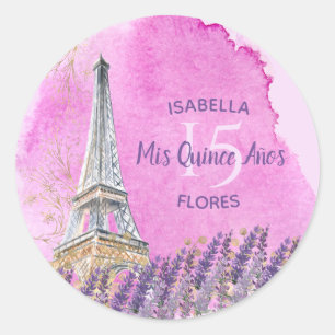 Sticker Rond Mis Quince Años Tour Eiffel Pink Gold Paris Thème