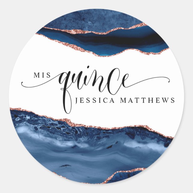 Sticker Rond Mis Quince, espagnol, bleu et Rose Gold Agate (Devant)
