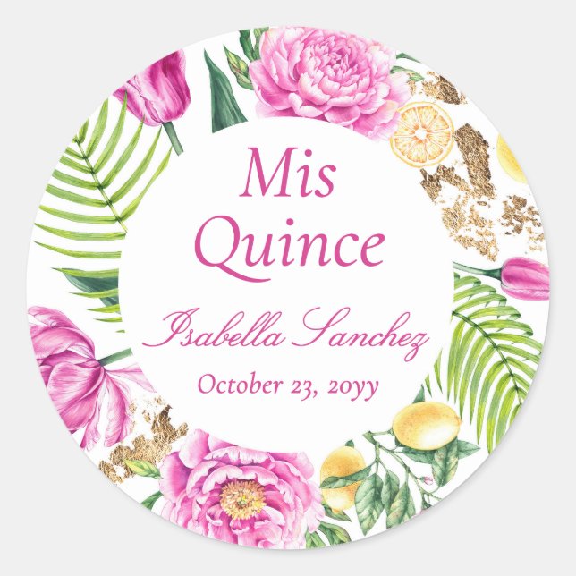 Sticker Rond Mis Quince Floral Pink Peonies Lemons Quinceañera  (Devant)
