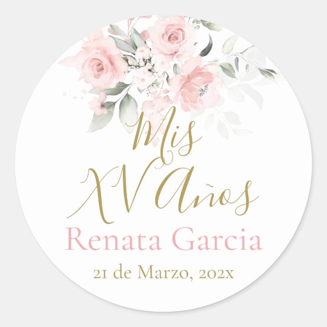 Sticker Rond Mis XV años flores rosas (Devant)