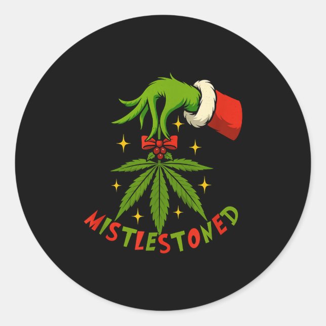 Sticker Rond Mistlestoned Weed Leaf Funny Stoner Christmas  (Devant)