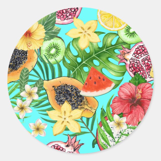 Sticker Rond Mix-fruit tropical, fleurs et feuilles en bleu (Devant)