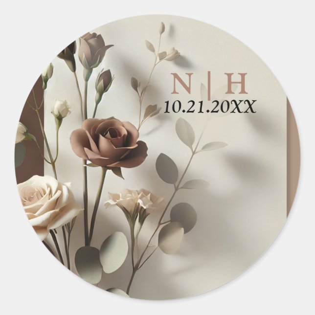 Sticker Rond Mocha Café Au Lait Brown Neutre Floral Mariage (Devant)