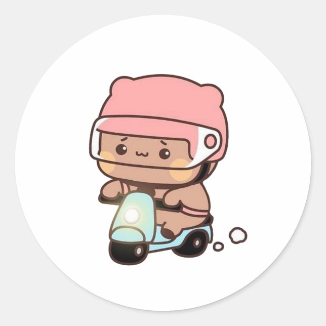 Sticker Rond Mochi Brownie Bear Vélo équitation (Devant)