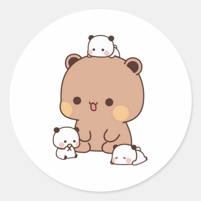 Sticker Rond Mochi Brownie Ours Et Bébé Panda (Devant)