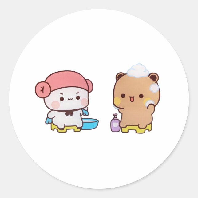 Sticker Rond Mochi Panda Et Brownie Bear Profitent Du Bain (Devant)