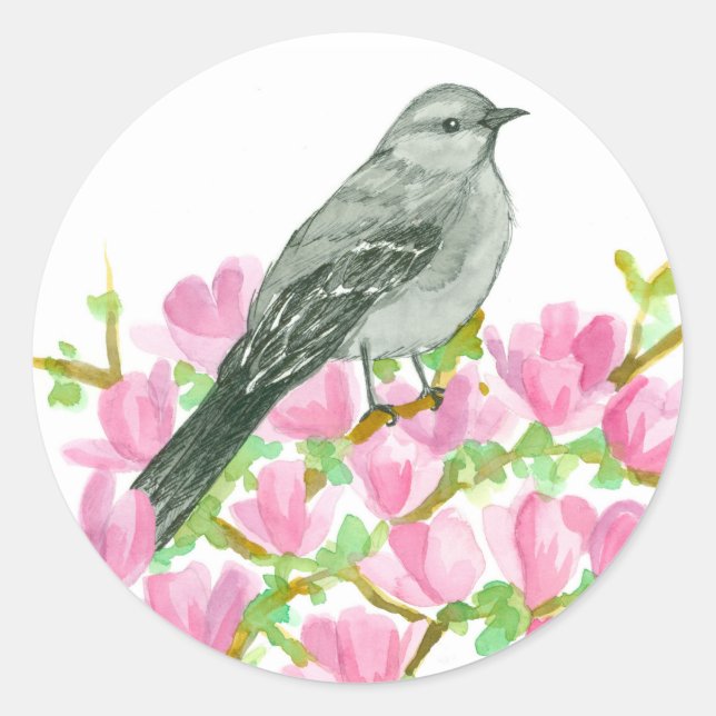 Sticker Rond Mockingbird rose Magnolia Aquarelle (Devant)