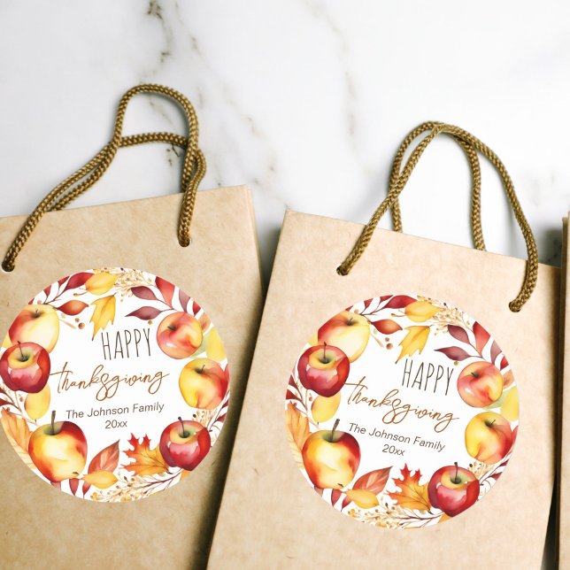 Sticker Rond modèle bon thanksgiving de couronne de pomme (Happy Thanksgiving watercolor apple and leave wreath favor gift stickers)
