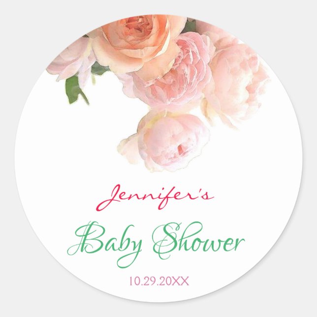 Sticker Rond Modèle de Baby shower de script de Rose d'aquarell (Devant)