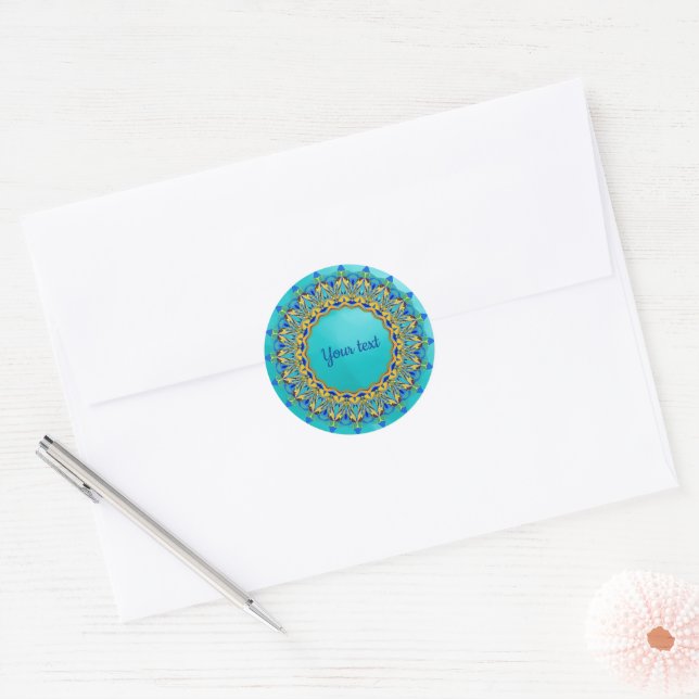Sticker Rond Modèle de mandala de fantaisie turquoise (Enveloppe)