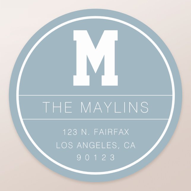 Sticker Rond Modèle de nom unique et monogramme | Bleu poussiér (Créateur téléchargé)