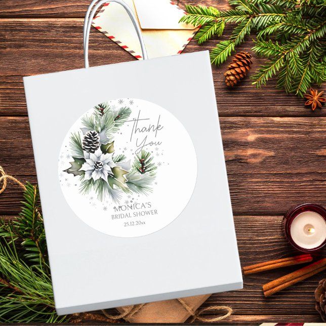 Sticker Rond Modèle de remerciement pour baby shower d'hiver  (Winter bridal shower template thank you favor sticker elegant watercolor pines white poinsettia)
