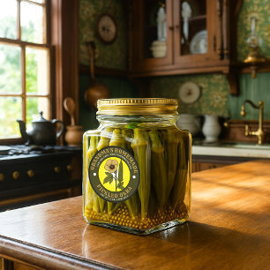 Sticker Rond Modèle d'étiquette vintage d'okra marinée fait mai