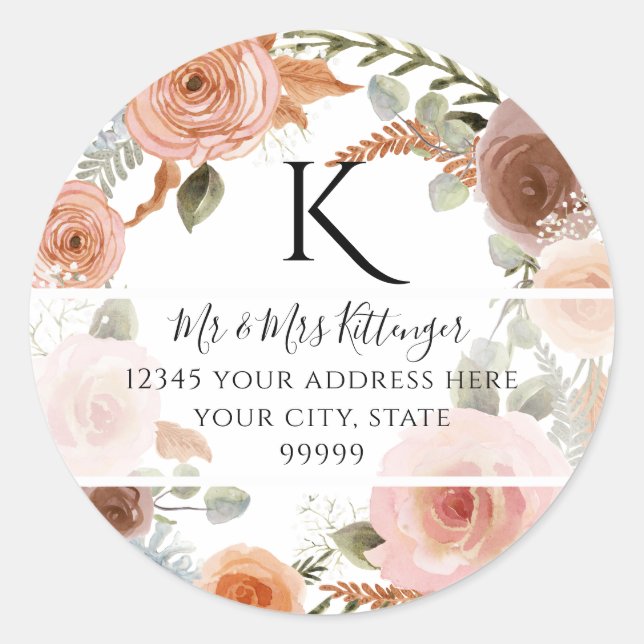Sticker Rond MODÈLE Monogramme Adresse de retour Floral Blush (Devant)
